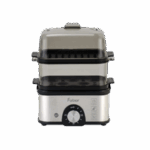 Product image of a stainless steel electric steamer with two transparent stackable tiers and a front control dial.